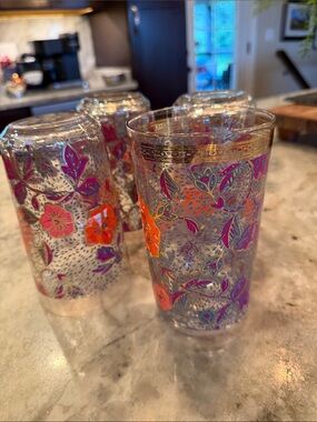 Anthropologie Floral Glass Tumblers in Orange and Purple